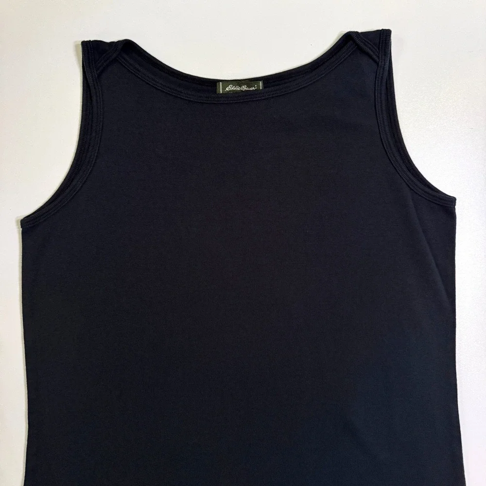 VTG 90s Y2K Eddie Bauer Maxi Tank Dress Medium Black Cotton Boat Neck Sleeveless